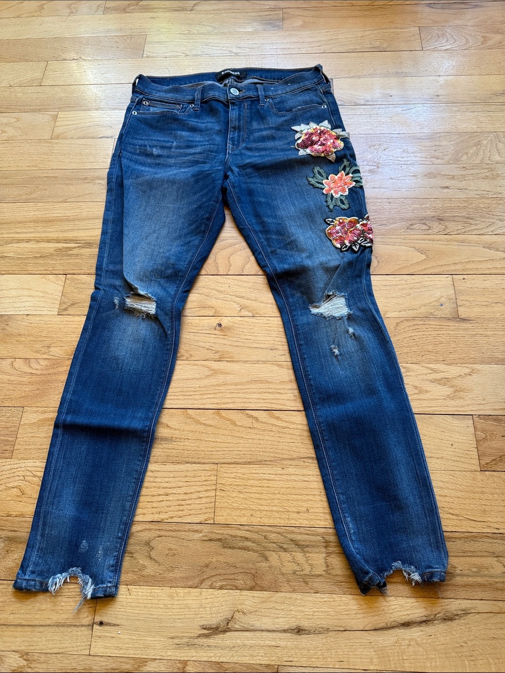 Express Dark Blue Distressed Jeans with Floral Embroidery